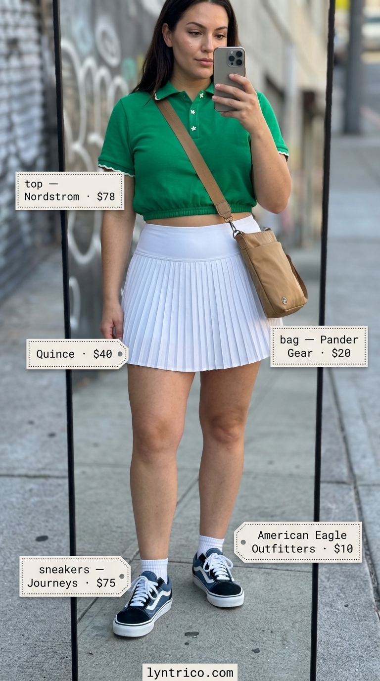 Summer streetwear with sneakers for women 2026: Navy polo, white pleated skirt, and canvas sneakers for a campus stroll.