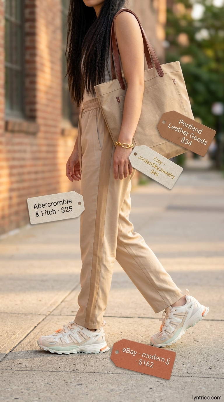 Summer streetwear with sneakers for women 2026: Cream wide-leg pants, tan tank, and trail sneakers for relaxed travel style.