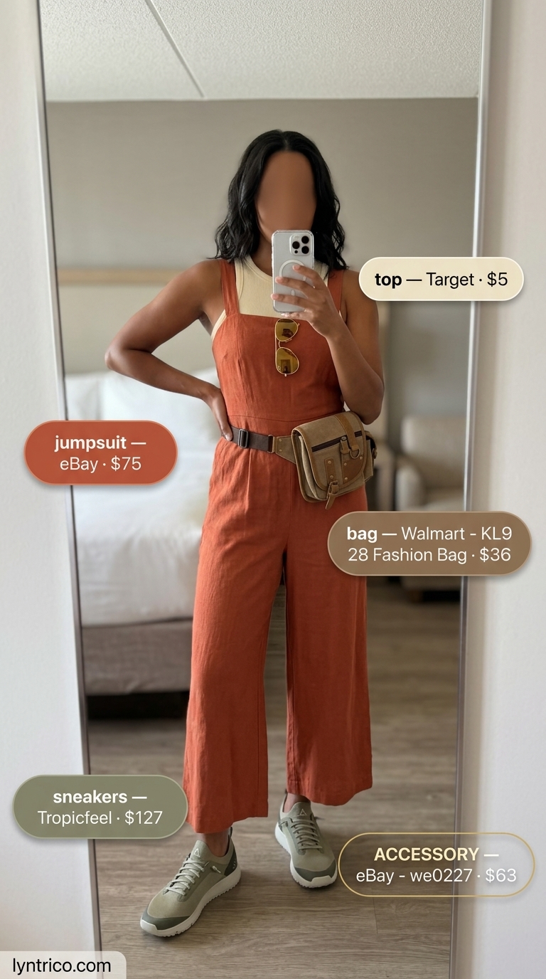 Chic summer streetwear with sneakers for women 2026: Khaki utility jumpsuit, ribbed tank, and trail-inspired sneakers.