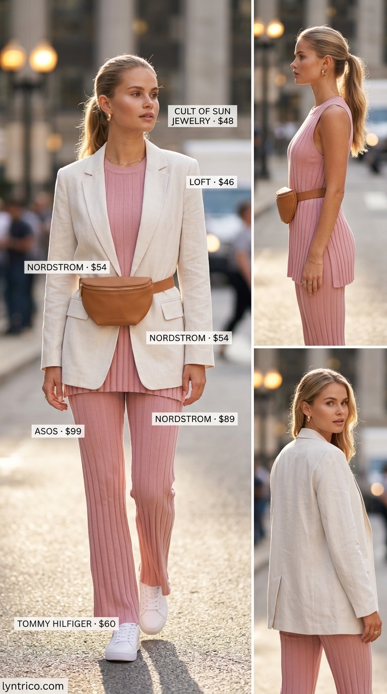 Summer streetwear with sneakers for women 2026: Dusty rose matching set, linen blazer, and minimalist sneakers for elevated brunch.