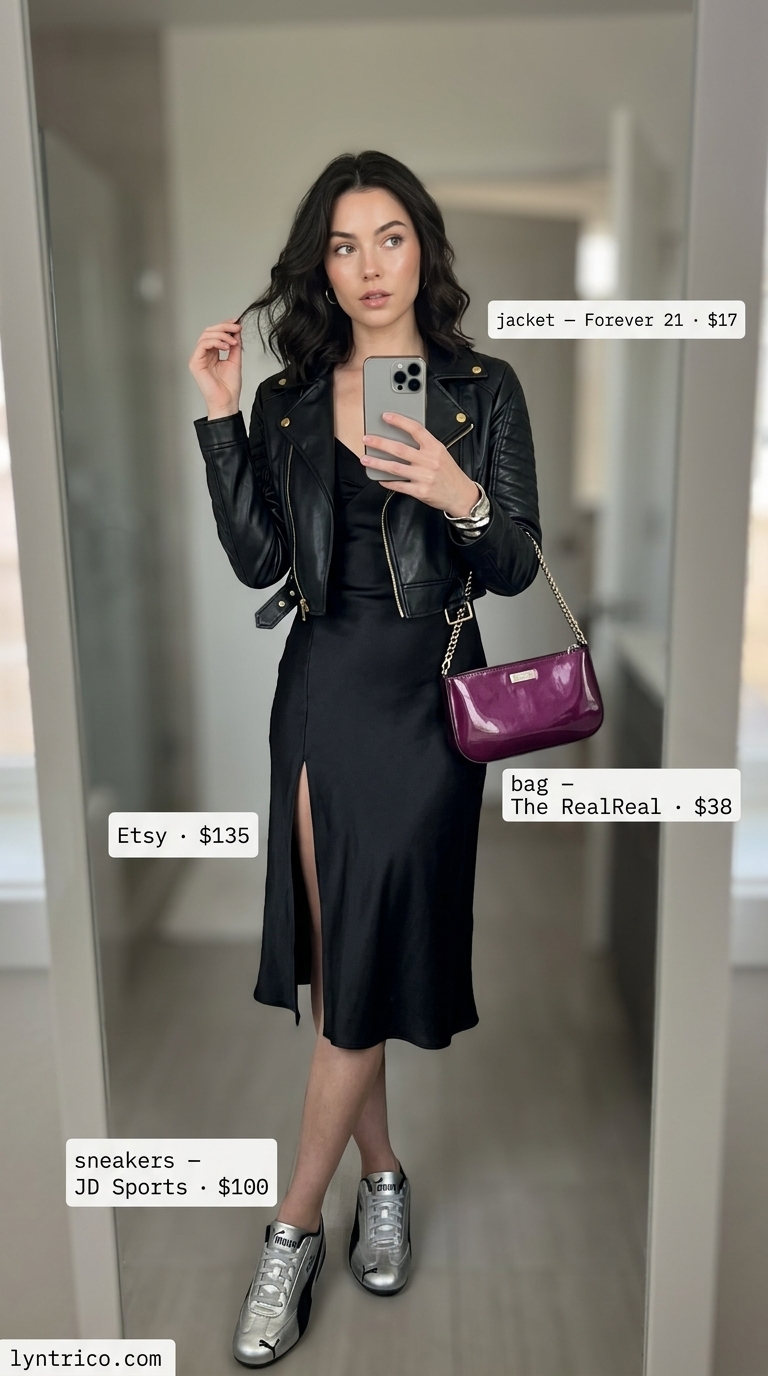 Summer streetwear with sneakers for women 2026: Black slip dress, moto jacket, and metallic fashion sneakers for a glam night out.