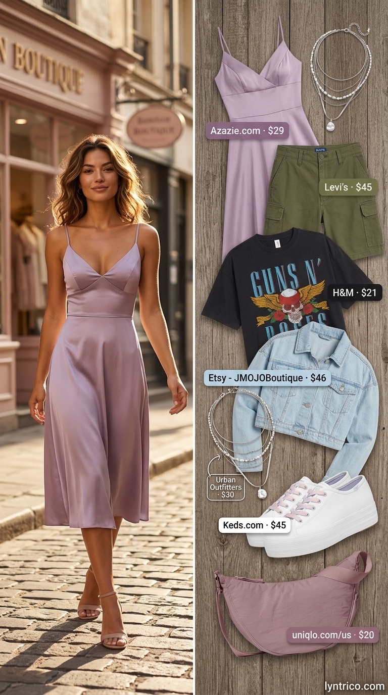 Feminine summer streetwear with sneakers for women 2026: Lavender slip dress, denim jacket, and chunky white sneakers.
