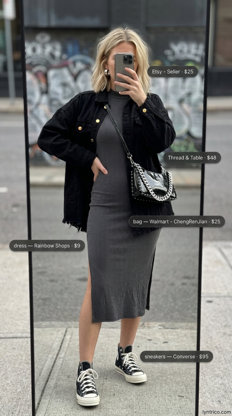 Edgy summer streetwear with sneakers for women 2026: Black midi dress, distressed denim jacket, and high-top sneakers.