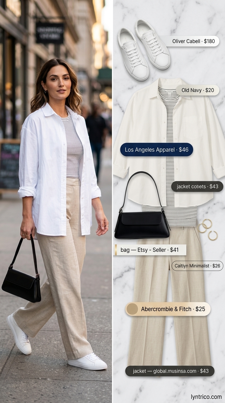 Contemporary summer streetwear with sneakers for women 2026: Beige wide-leg trousers, white button-down, and black platform sneakers.