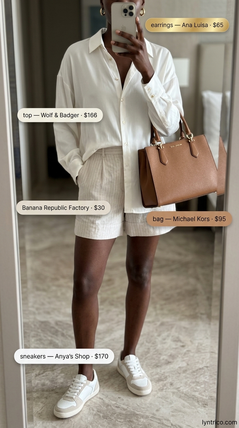 Sophisticated summer streetwear with sneakers for women 2026: Cream silk shirt, beige tailored shorts, and minimalist leather sneakers.