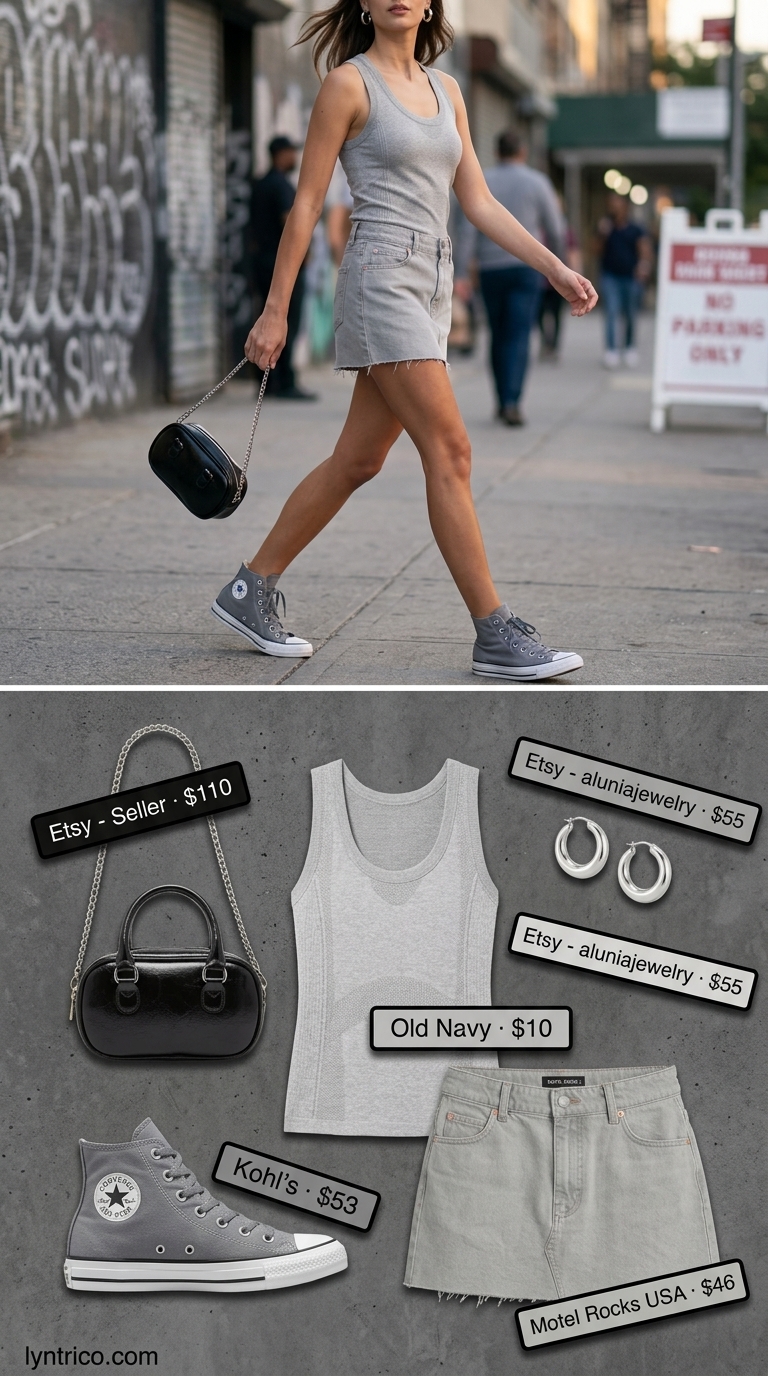 Summer streetwear with sneakers for women 2026: Monochromatic grey mini skirt, fitted tank, and high-top sneakers for an edgy look.