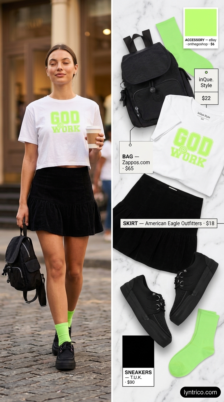 Edgy summer streetwear with sneakers for women 2026: Neon green graphic tee, denim mini skirt, varsity jacket, and platform sneakers.