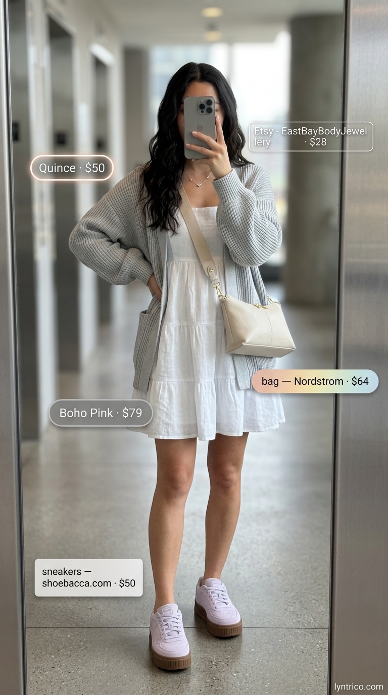 Playful summer streetwear with sneakers for women 2026: Lavender babydoll dress and platform sneakers.