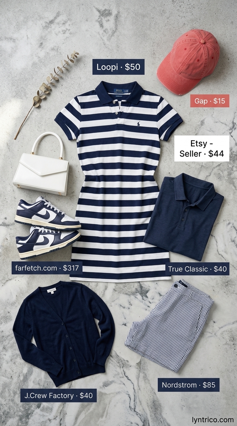 Summer streetwear with sneakers for women 2026: Striped polo dress, tennis skirt, and court sneakers for preppy sporty chic.
