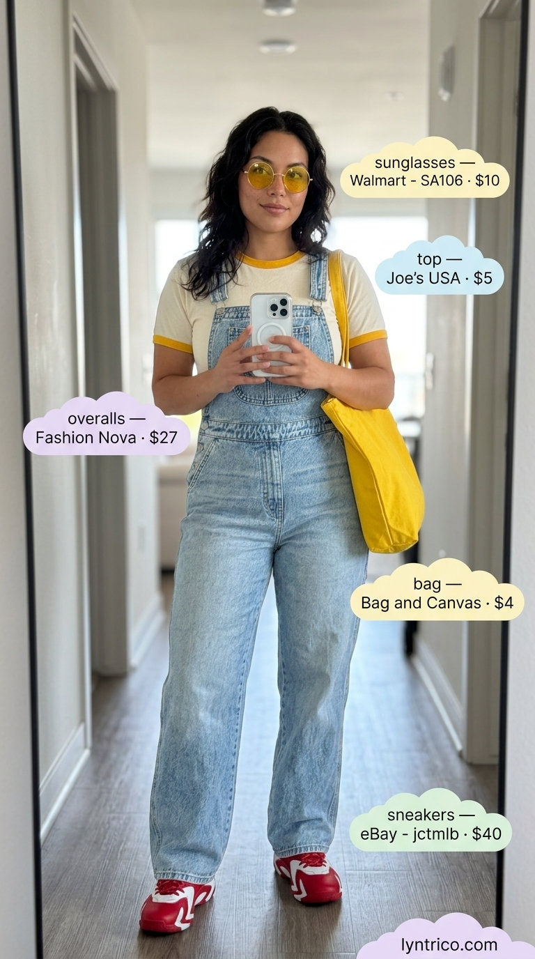 Retro summer streetwear with sneakers for women 2026: Denim overalls, ringer tee, and color-block basketball sneakers.