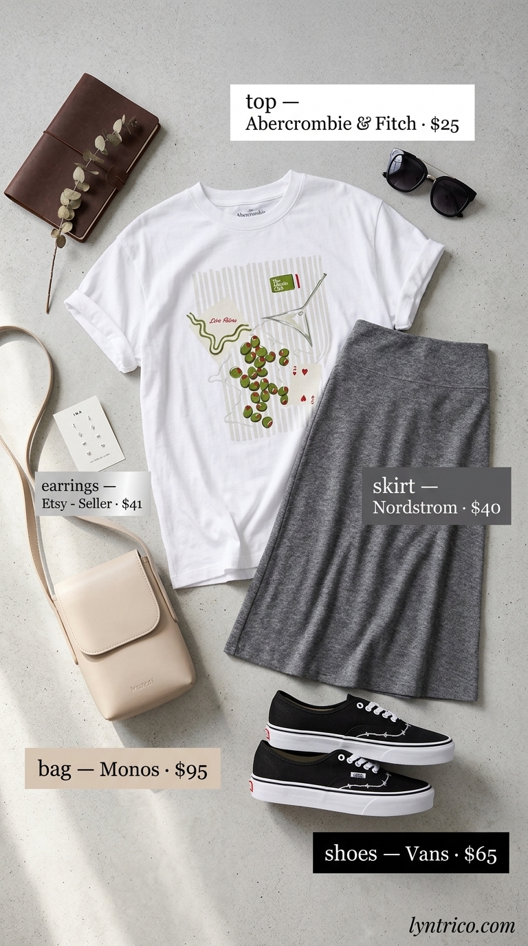 Summer streetwear with sneakers for women 2026: Midi skirt, oversized tee, and skate sneakers for a relaxed retro vibe.