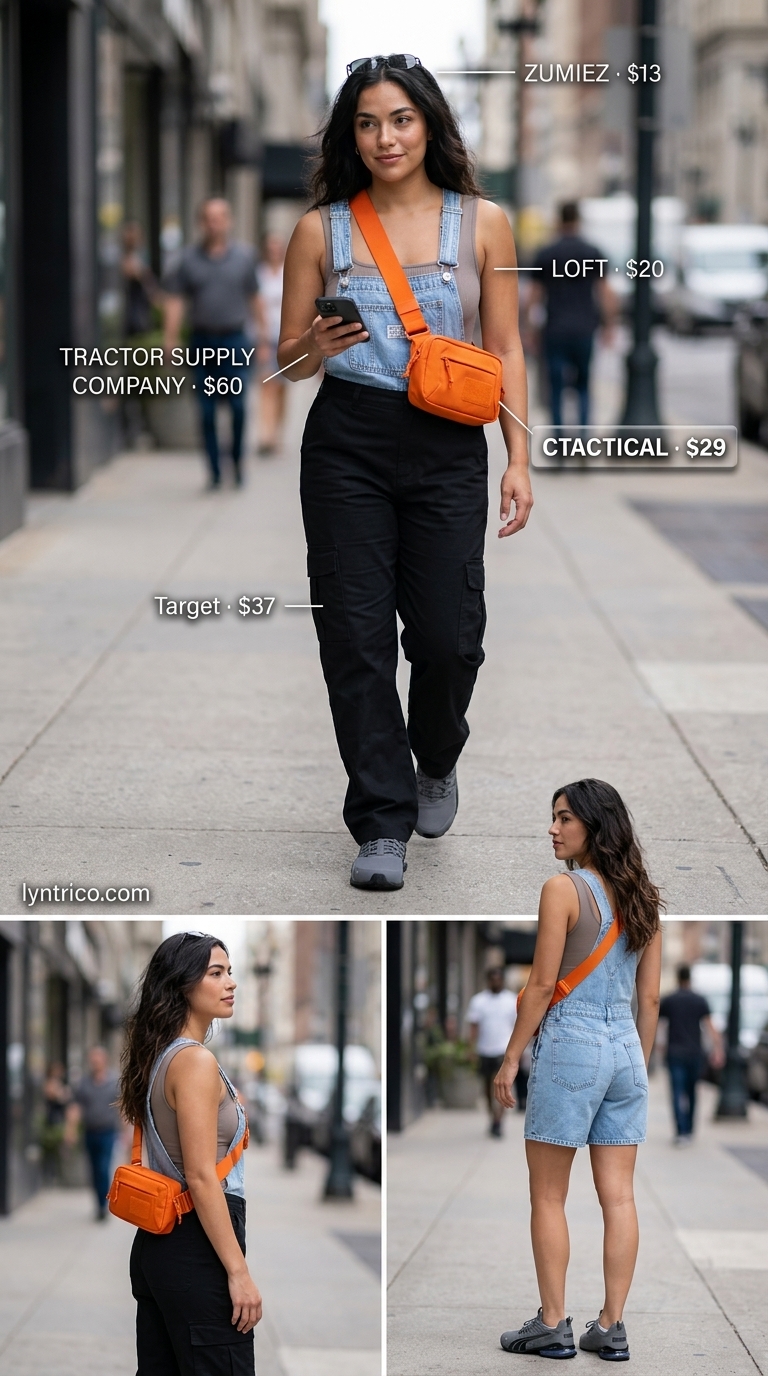 Summer streetwear with sneakers for women 2026: Cargo pants, striped tee, and technical sneakers for urban exploration.