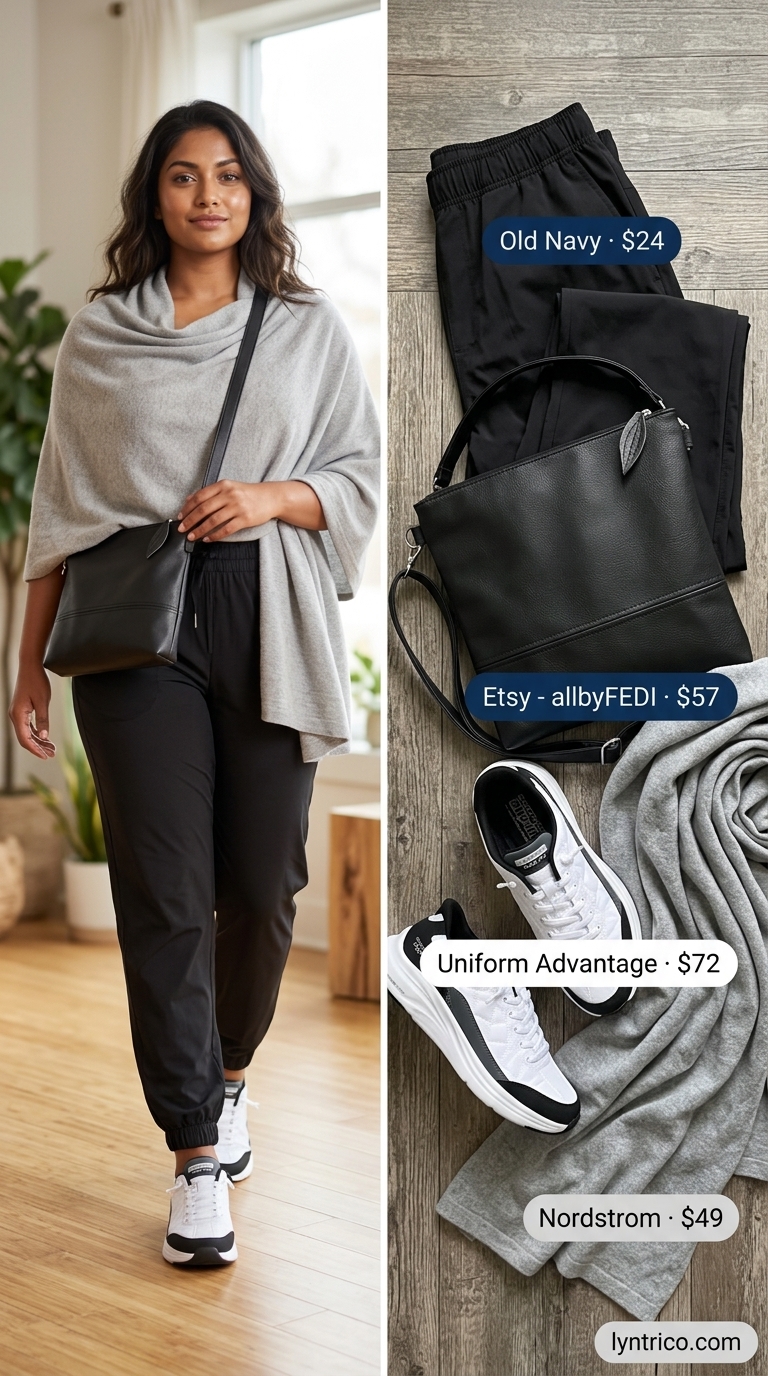 Black joggers and cream scarf for city commute comfort in summer 2026. Chic on-the-go style.