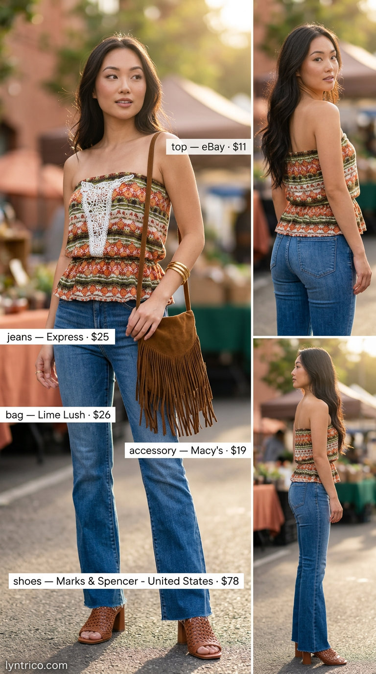 Boho Festival: Summer Tube Top with Jeans Outfits 2026 Bohemian summer tube top with jeans outfit for women 2026: crochet tube top, flared jeans, suede mules for a festival.