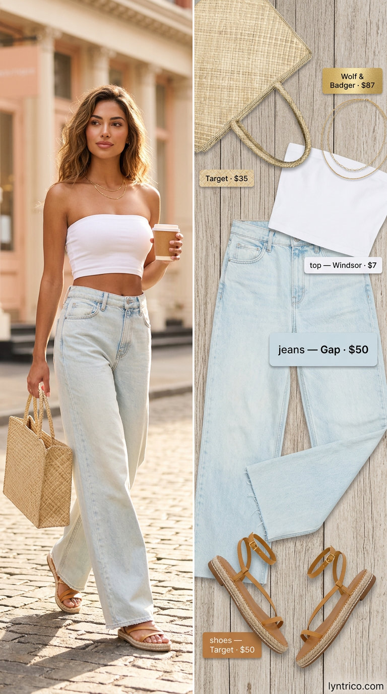 Coastal Breeze: Summer Tube Top with Jeans Outfits 2026 Airy summer tube top with jeans outfit for women 2026: white tube top, wide-leg jeans, espadrille flats for brunch.