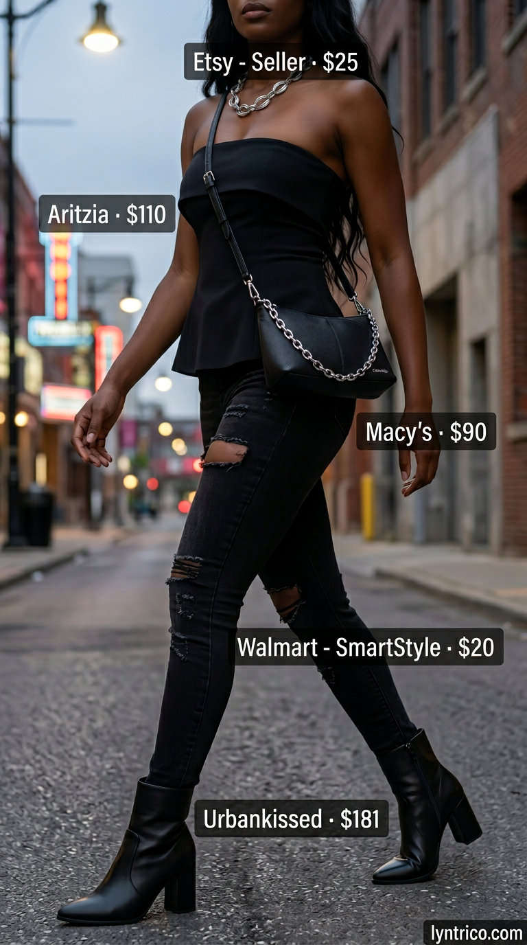 Downtown Edge: Summer Tube Top with Jeans Outfits 2026 Edgy summer tube top with jeans outfit for women 2026: black tube top, ripped skinny jeans, heeled boots for a night out.