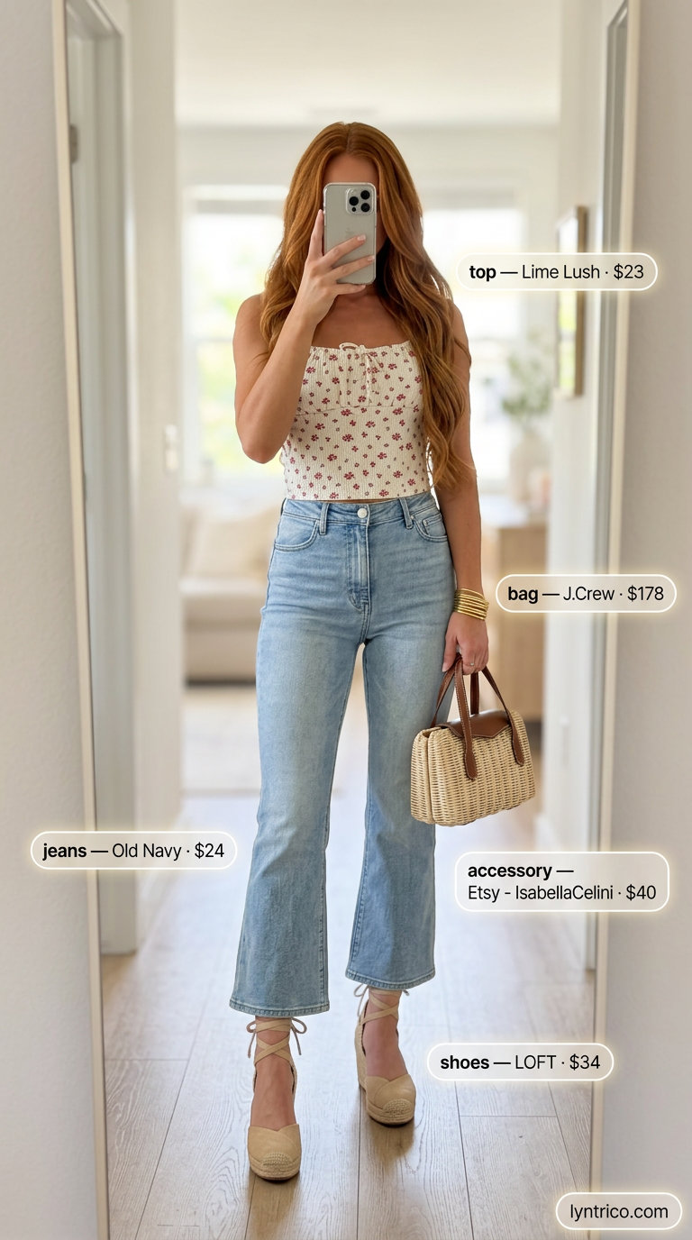 Farmers Market Charm: Summer Tube Top with Jeans Outfits 2026 Chic summer tube top with jeans outfit for women 2026: white floral tube top, cropped flare jeans, espadrille wedges for a farmers market.