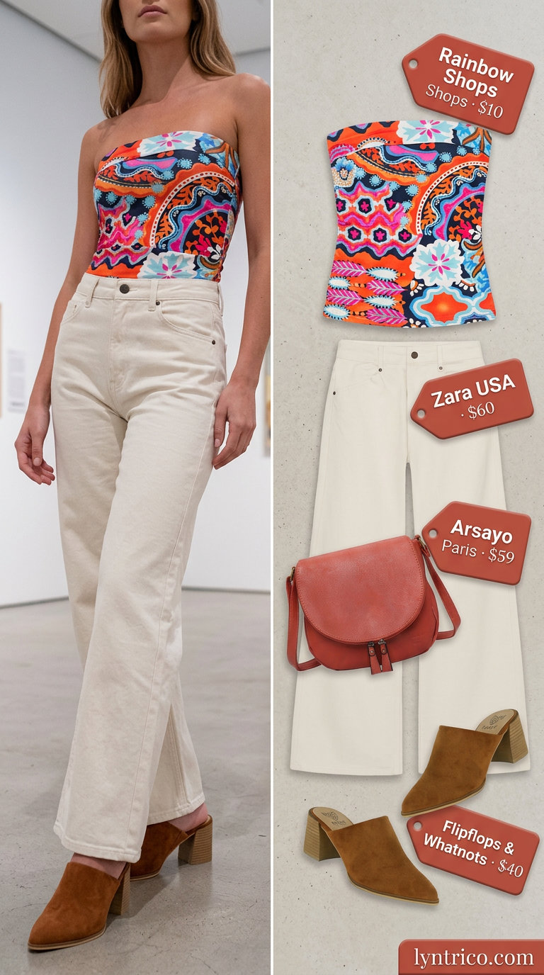 Gallery Opening: Summer Tube Top with Jeans Outfits 2026 Artistic summer tube top with jeans outfit for women 2026: abstract print tube top, wide-leg jeans, heeled mules for a gallery opening.
