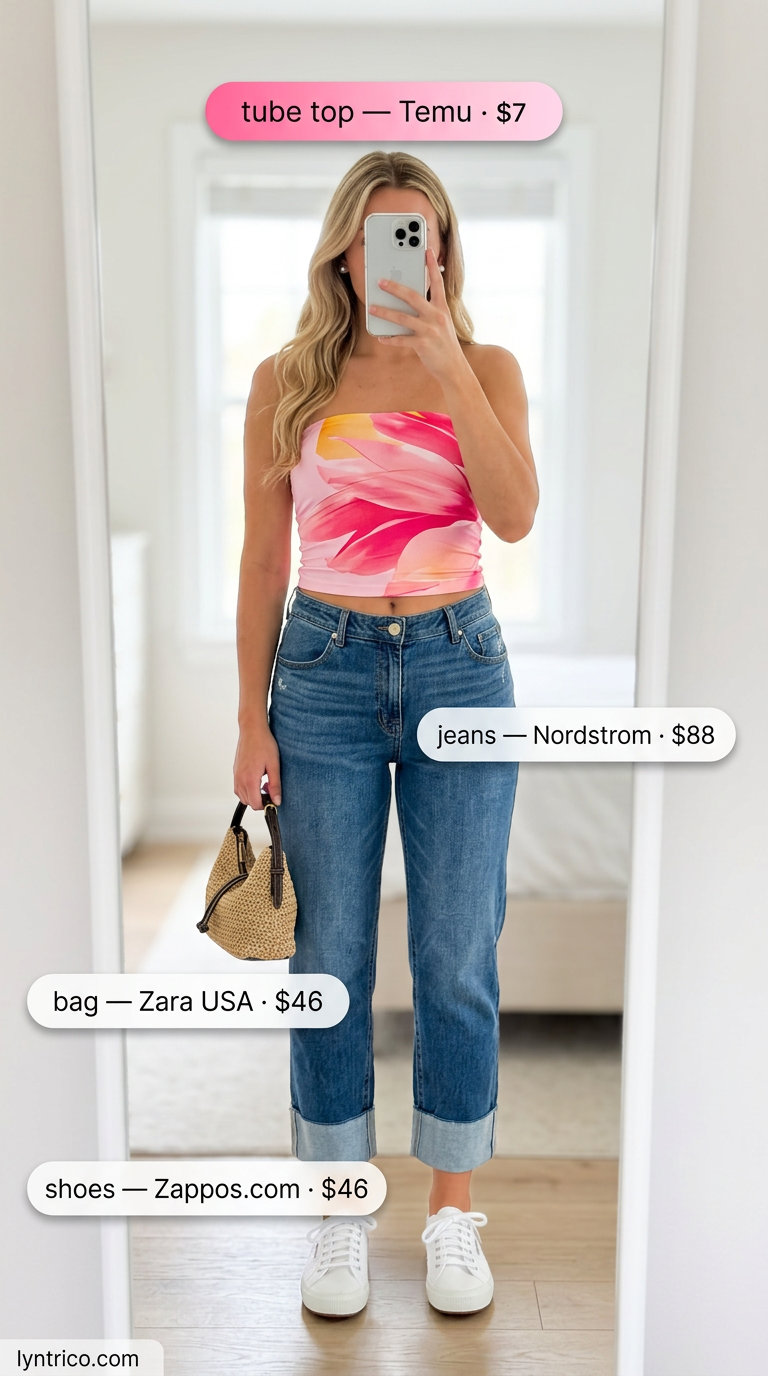 Preppy Picnic: Summer Tube Top with Jeans Outfits 2026 Playful summer tube top with jeans outfit for women 2026: floral tube top, cuffed boyfriend jeans, white sneakers for a picnic.