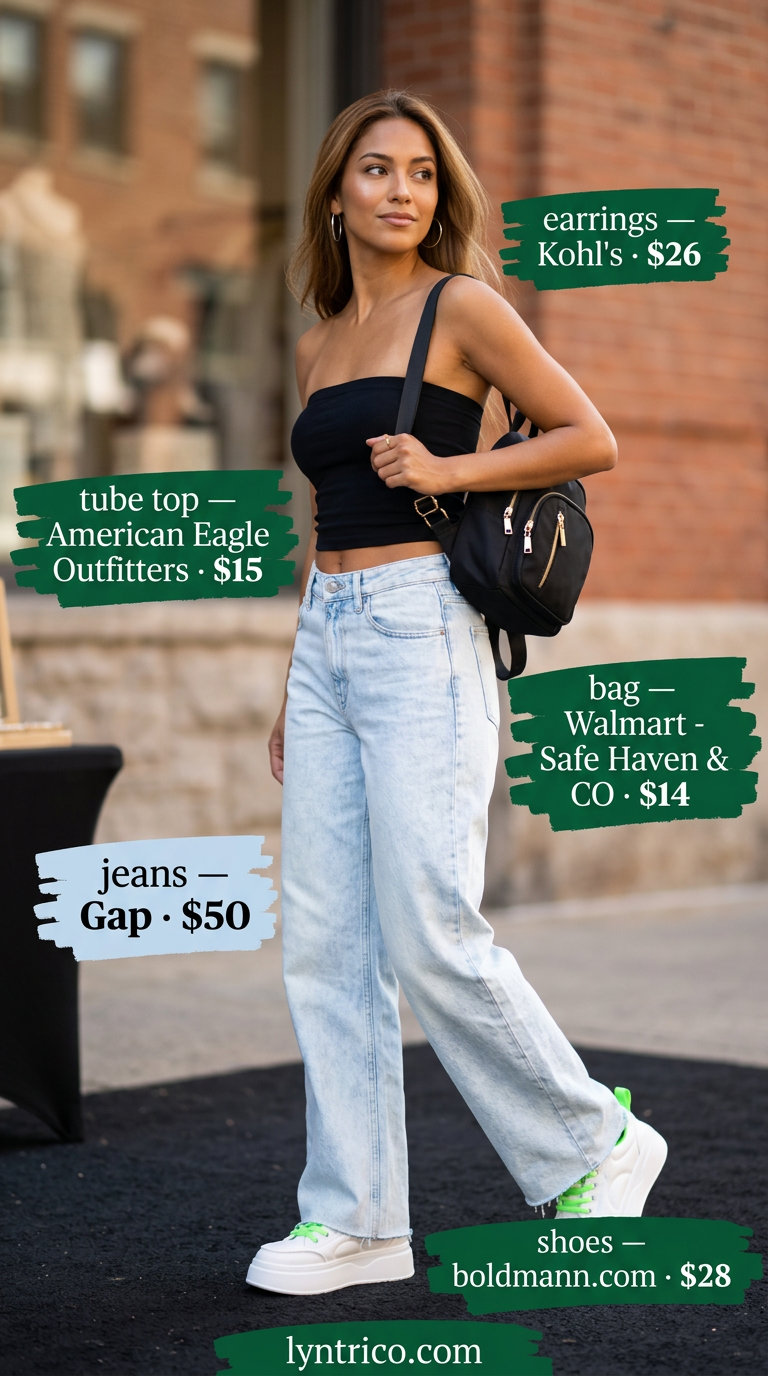 Retro Rebound: Summer Tube Top with Jeans Outfits 2026 Cool summer tube top with jeans outfit for women 2026: black tube top, acid wash baggy jeans, platform sneakers for a retro look.