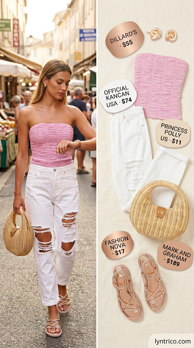 Soft Summer Picnic: Summer Tube Top with Jeans Outfits 2026 Romantic summer tube top with jeans outfit for women 2026: pink tube top, mom jeans, strappy sandals for a picnic.