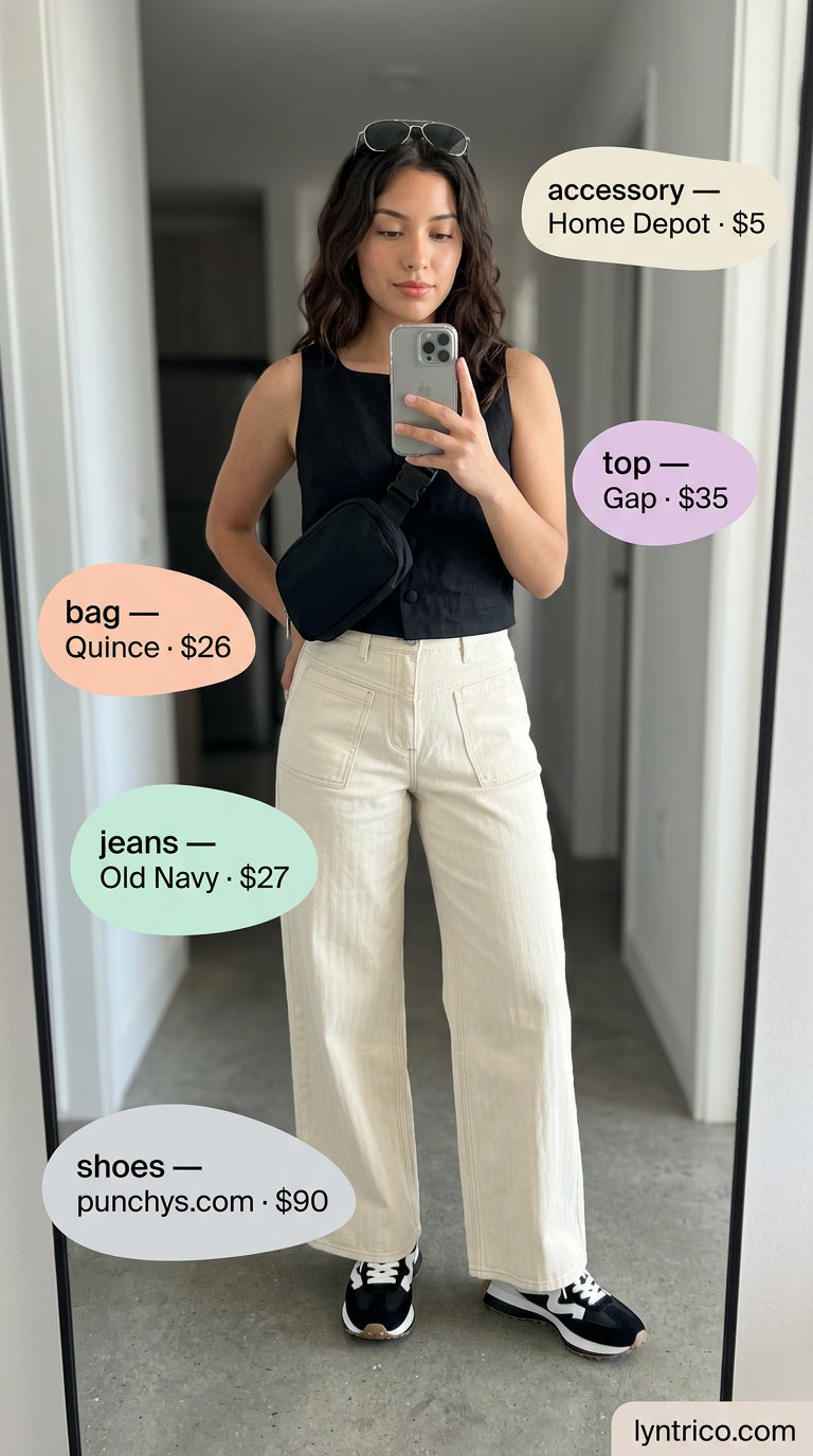 Urban Explorer: Summer Tube Top with Jeans Outfits 2026 Utility summer tube top with jeans outfit for women 2026: linen tube top, cargo jeans, chunky sneakers for city exploration.