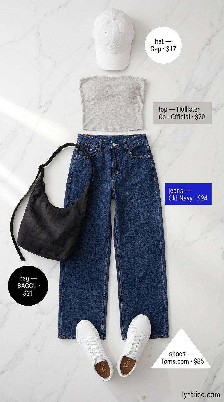 Weekend Errands: Summer Tube Top with Jeans Outfits 2026 Comfortable summer tube top with jeans outfit for women 2026: grey tube top, baggy jeans, white sneakers for errands.