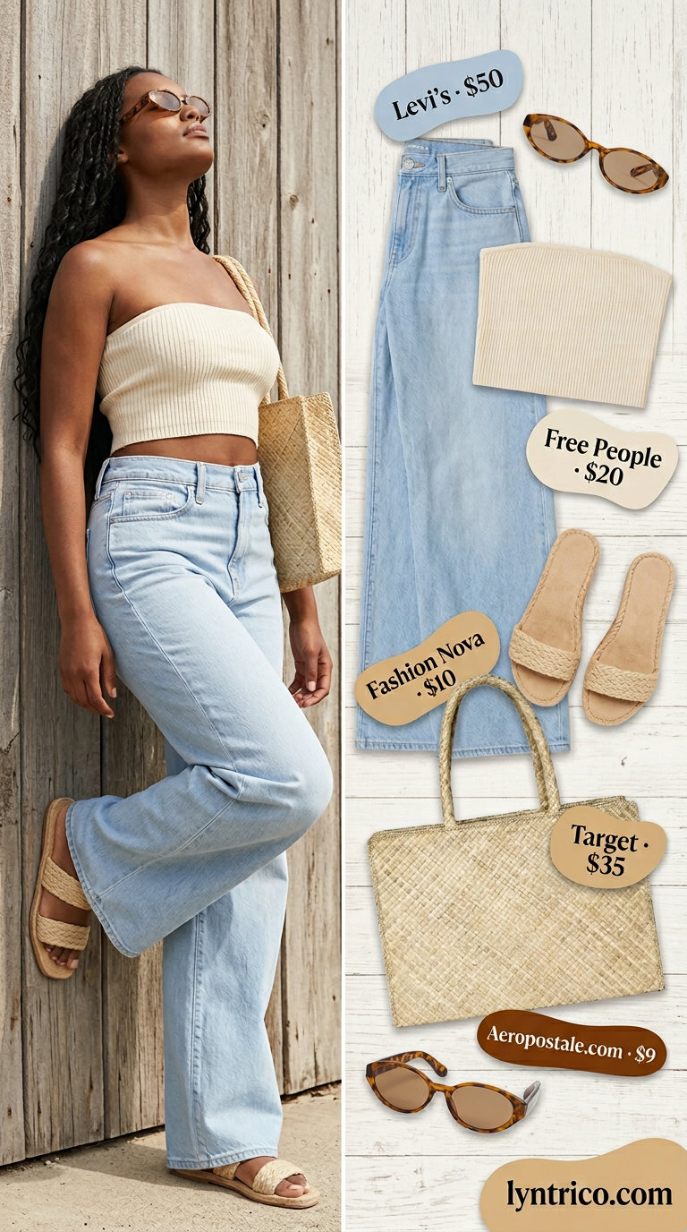 Effortless Tube Top & Jeans Outfit 2026 Effortless cream tube top with light blue wide-leg jeans for a beach day outfit 2026.