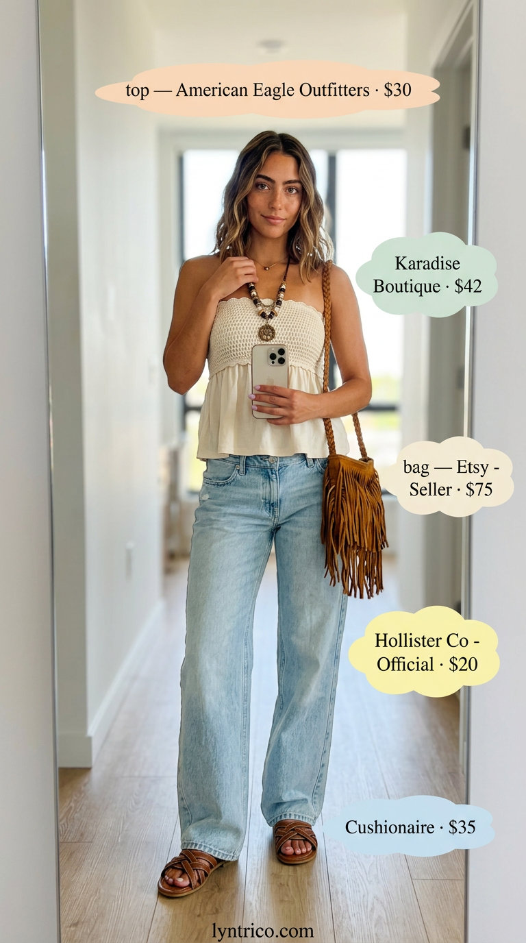 Boho Tube Top & Jeans Outfit 2026 Earthy cream crochet tube top with light wash baggy jeans for a boho market 2026.