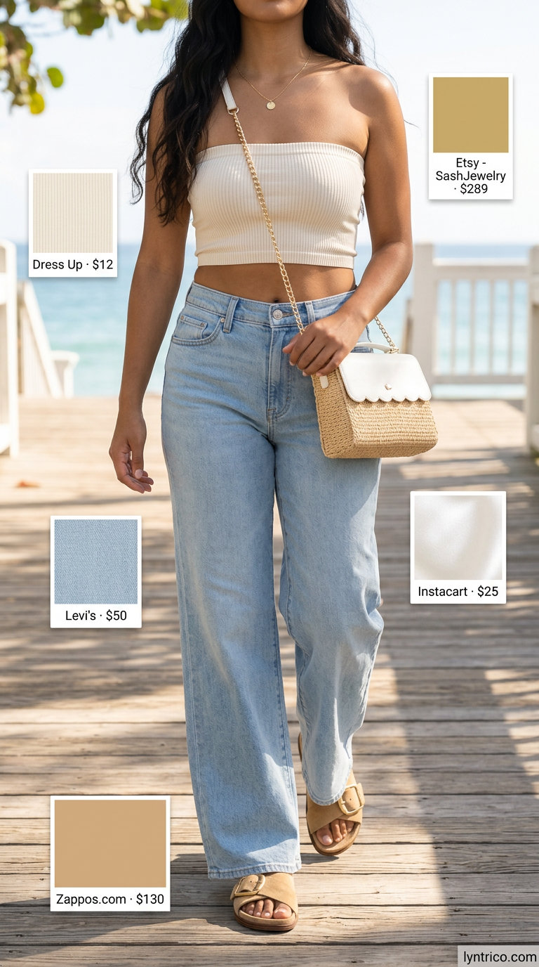 Casual Tube Top & Jeans Outfits 2026 Relaxed cream tube top with wide-leg jeans, straw bag, and tan sandals for summer tube top with jeans outfits for women 2026.