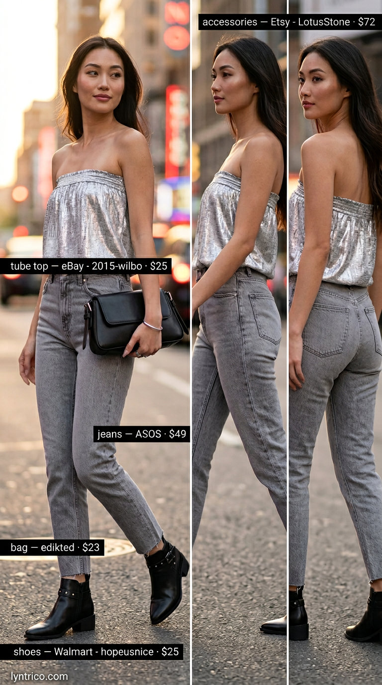 Glamorous Tube Top & Jeans Outfit 2026 Glamorous silver metallic tube top with grey raw hem jeans for a city night out outfit 2026.
