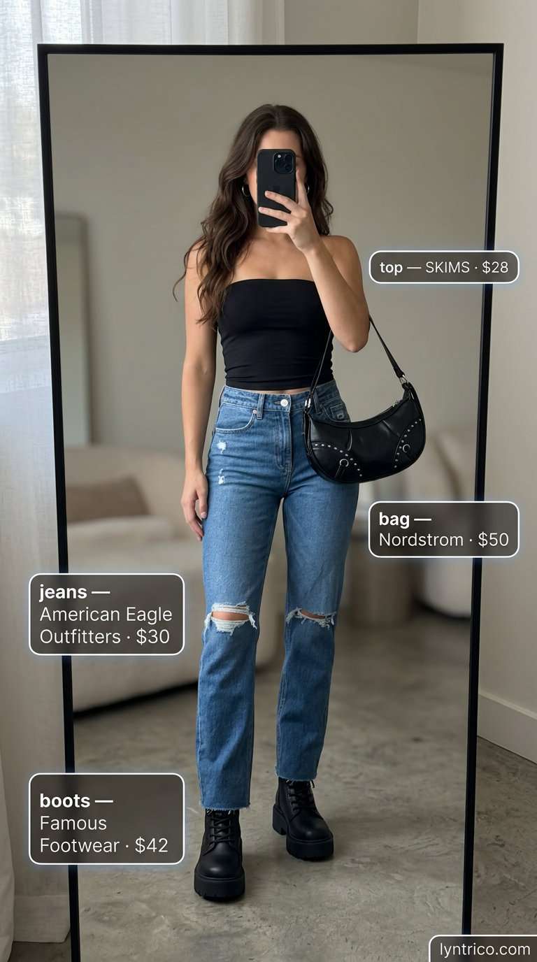 Concert Night Tube Top & Jeans Outfits 2026 Edgy black bandeau tube top with distressed dark wash jeans, combat boots, and silver hoops for summer tube top with jeans outfits for women 2026.