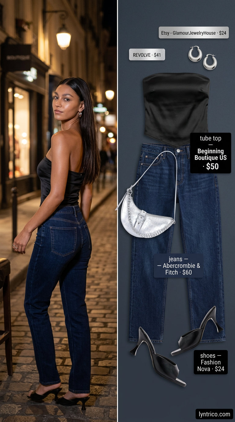 Sleek Tube Top & Jeans Outfit 2026 Sleek black tube top with dark indigo jeans for an edgy concert outfit 2026.