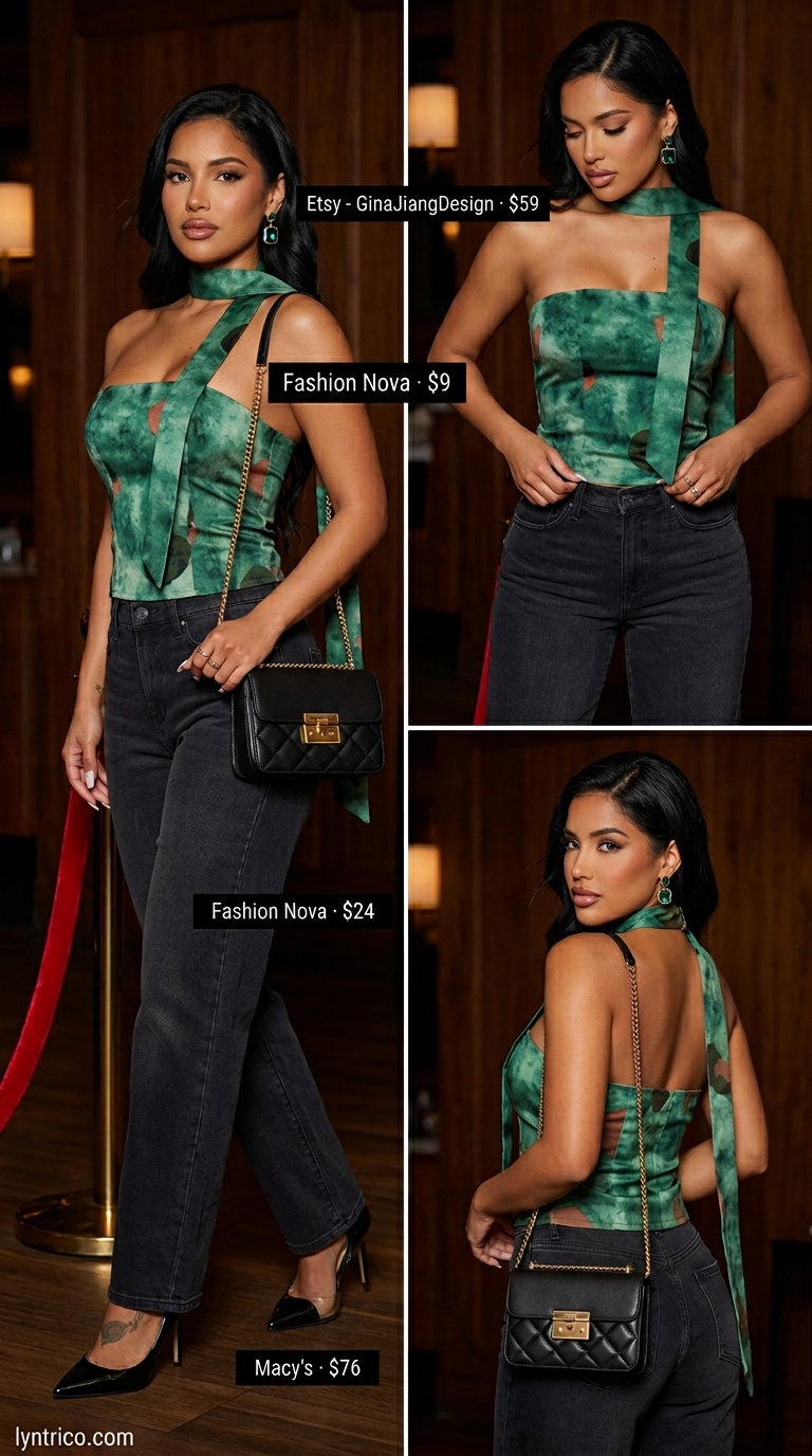 Date Night Tube Top & Jeans Outfits 2026 Elegant emerald green satin tube top with black jeans, stiletto pumps, and statement earrings for summer tube top with jeans outfits for women 2026.
