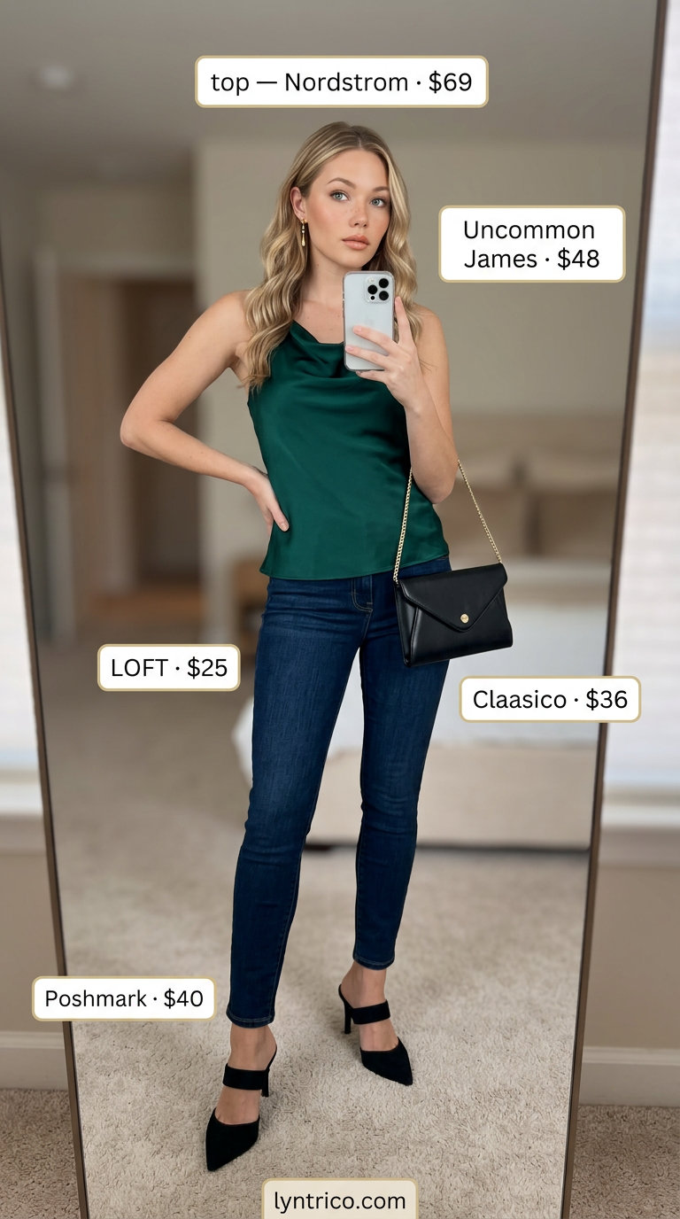 Elegant Tube Top & Jeans Outfit 2026 Elegant emerald green tube top with dark slim-fit jeans for a dinner date 2026.