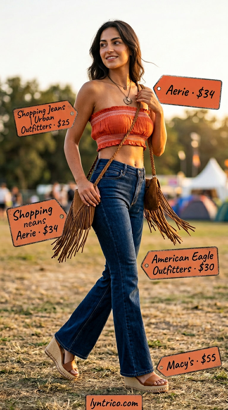 Boho Tube Top & Jeans Outfit 2026 Boho terracotta tube top with dark wash flare jeans for a festival outfit 2026.
