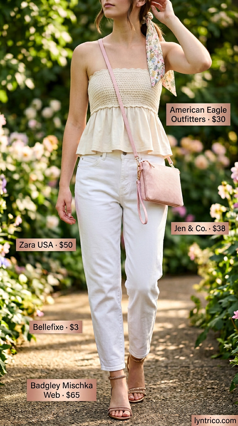 Garden Party Tube Top & Jeans Outfits 2026 White crochet tube top with floral print scarf, light pink bag, and white mom jeans for summer tube top with jeans outfits for women 2026.
