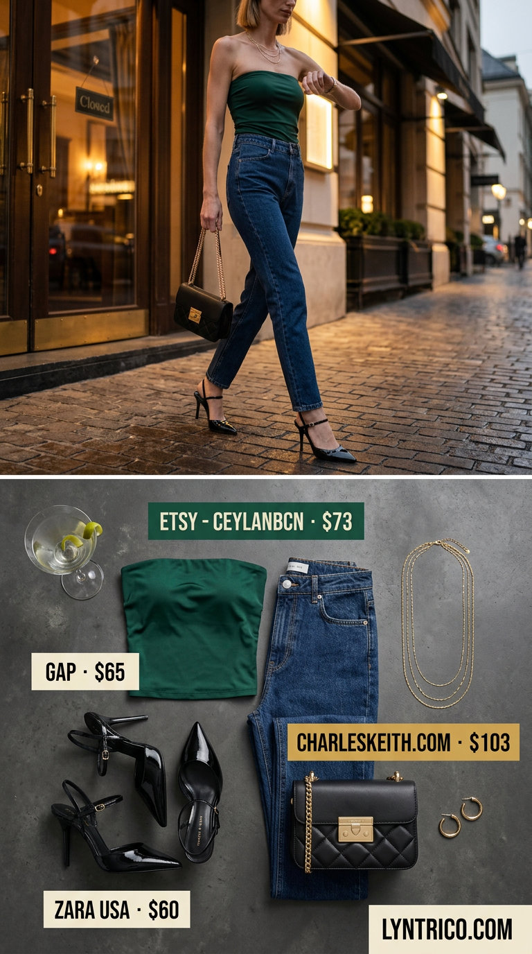 Glamorous Tube Top & Jeans Outfits 2026 Glamorous emerald green satin tube top with dark wash jeans, black stilettos, and gold necklaces for summer tube top with jeans outfits for women 2026.
