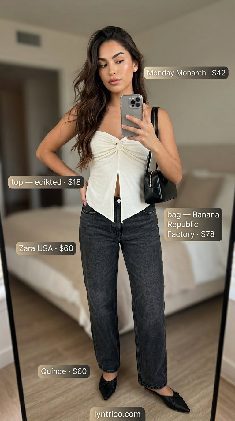 Minimalist Tube Top & Jeans Outfits 2026 Minimalist white bandeau tube top with grey jeans, black mules, and gold studs for summer tube top with jeans outfits for women 2026.