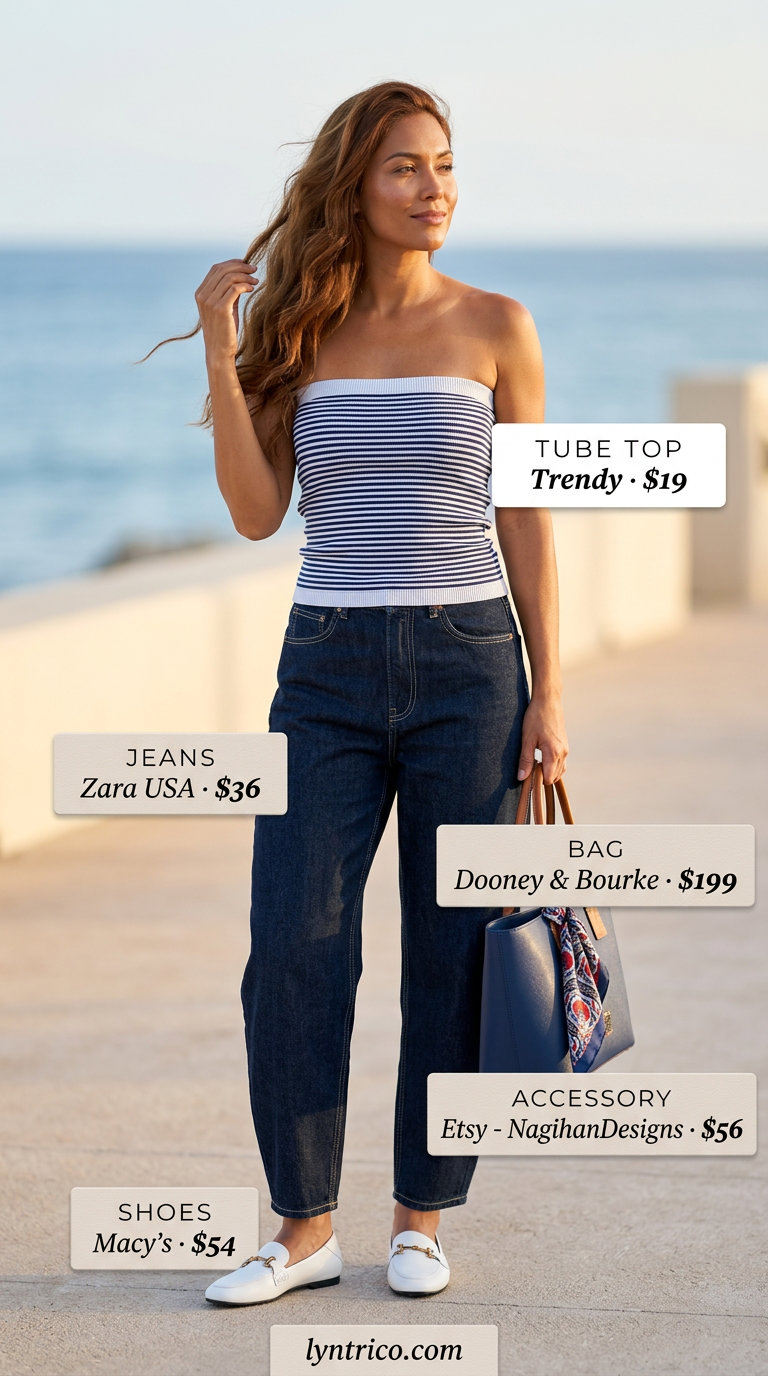 Nautical Tube Top & Jeans Outfits 2026 Nautical navy and white striped tube top with dark barrel-leg jeans and loafers for summer tube top with jeans outfits for women 2026.