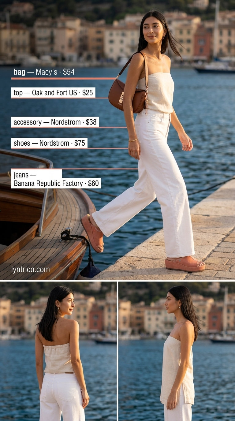 Chic Tube Top & Jeans Outfit 2026 Chic ecru tube top with ecru wide-leg jeans for a resort dinner outfit 2026.