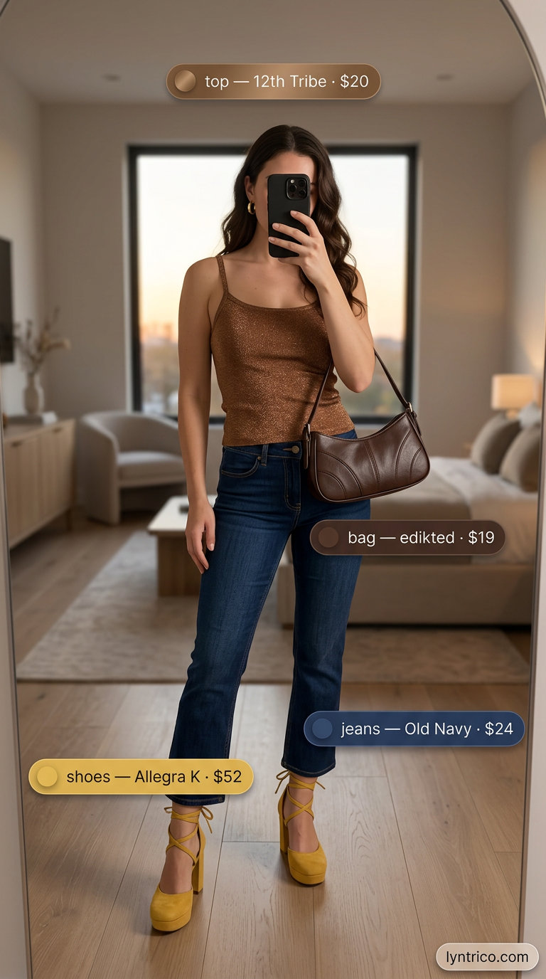 Retro Tube Top & Jeans Outfits 2026 Sparkly bronze tube top with indigo bootcut jeans, mustard heels, and gold hoops for summer tube top with jeans outfits for women 2026.