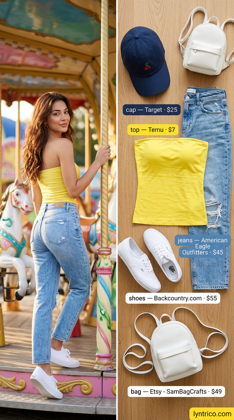 Fun bright yellow tube top with light wash mom jeans for a theme park outfit 2026.