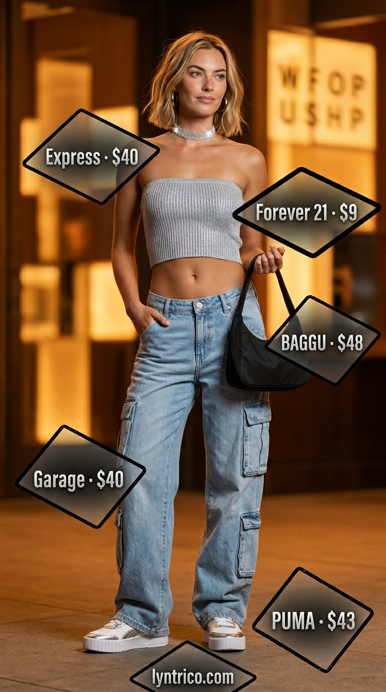Y2K Tube Top & Jeans Outfits 2026 Edgy silver tube top with low-rise cargo jeans, platform sneakers, and rhinestone choker for summer tube top with jeans outfits for women 2026.