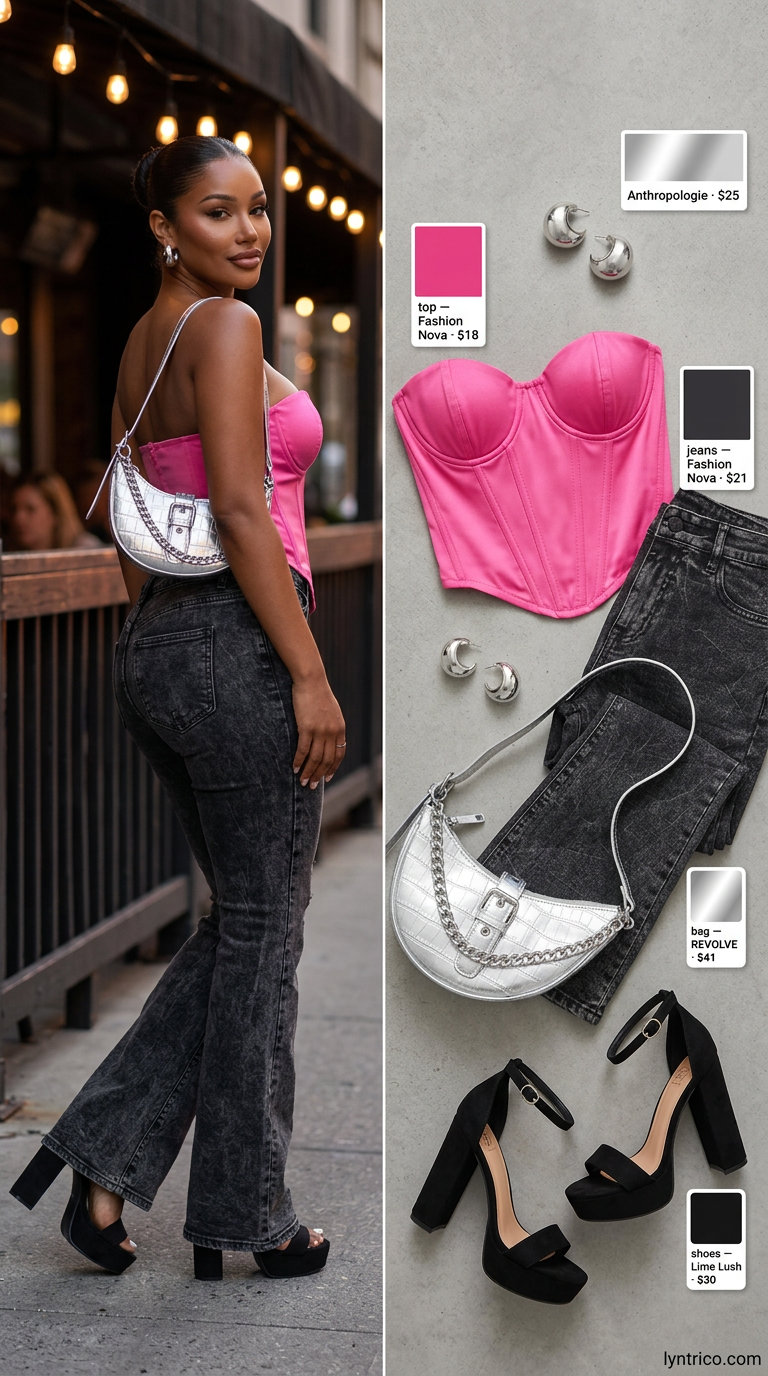 Flirty Tube Top & Jeans Outfit 2026 Flirty hot pink tube top with black bootcut jeans for a Y2K night out 2026.