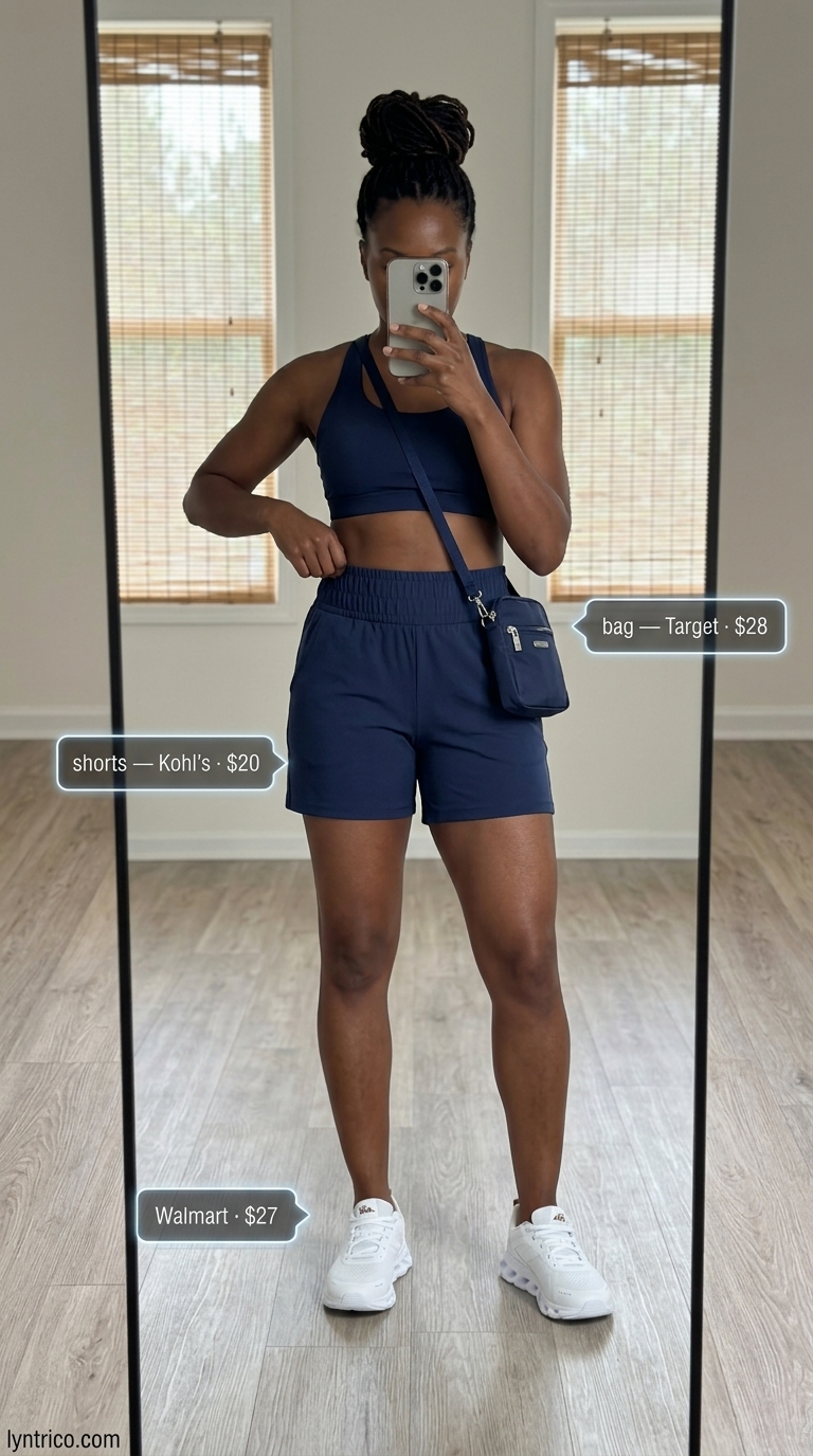 Light grey activewear shorts and navy blue crossbody bag for summer 2026. Relaxed post-workout and casual errands style.