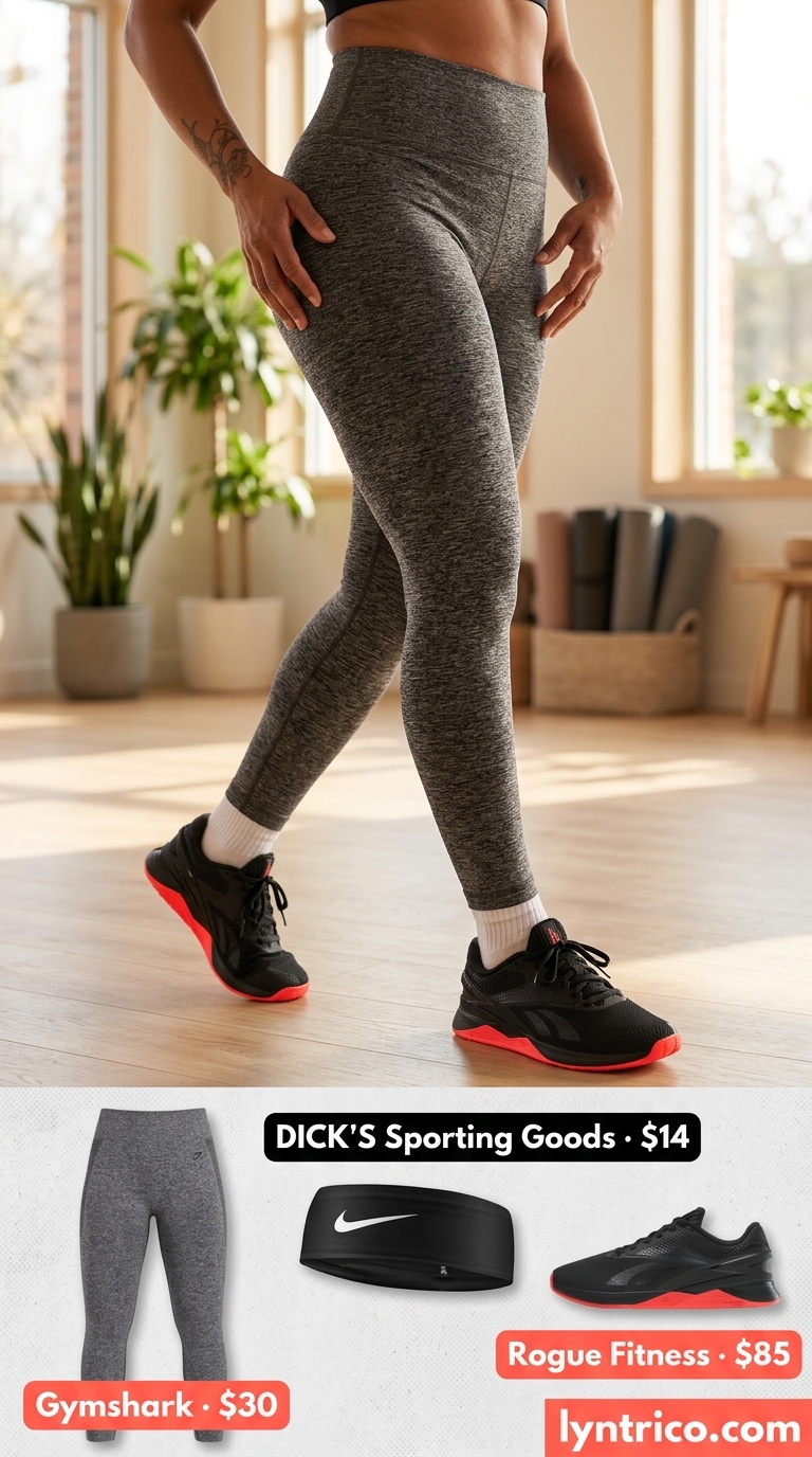 Charcoal grey compression leggings and neon coral sneakers for summer gym activewear 2026. Powerful training outfit.