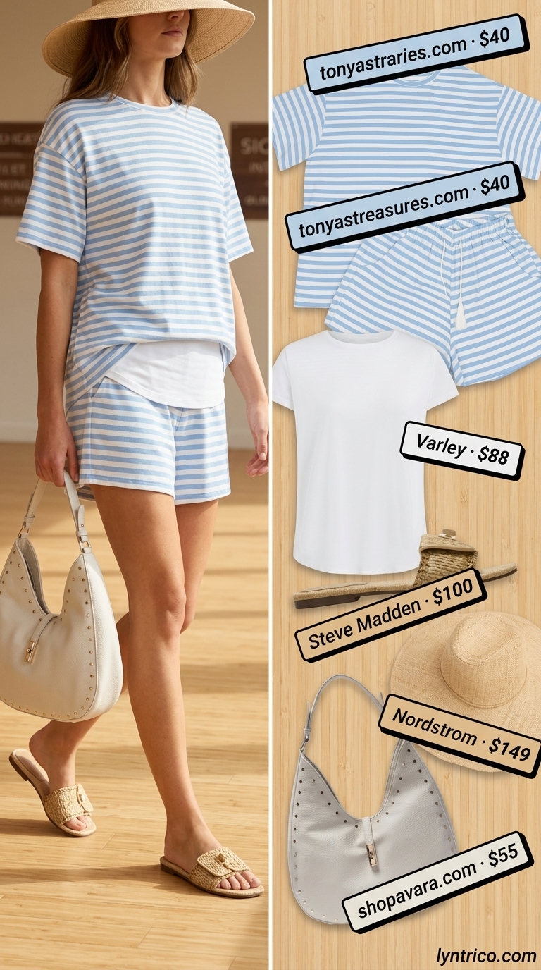 Chic sky blue and white stripe linen set for summer brunch 2026. Casual, easygoing style with espadrilles and straw hat.