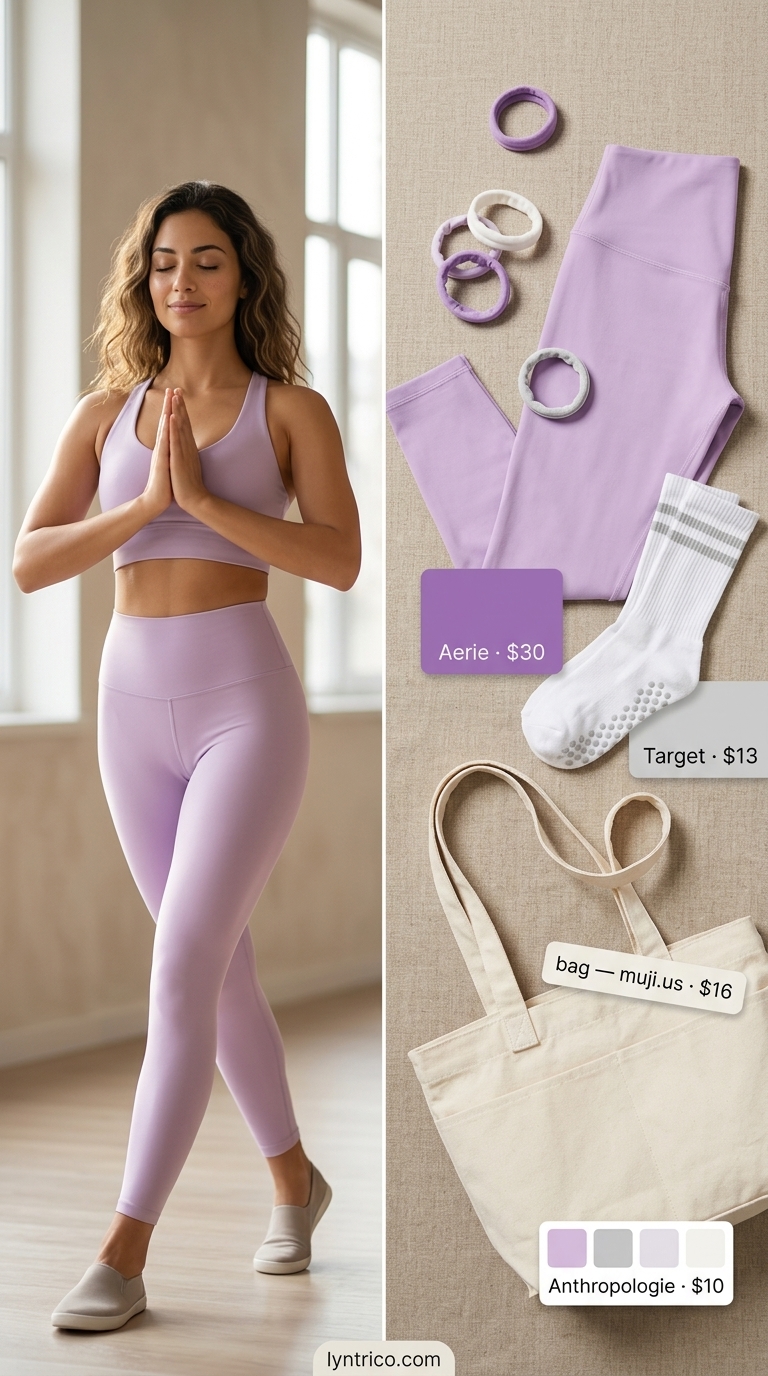 Lavender seamless leggings & white top for summer yoga activewear 2026. Perfect for studio workouts.