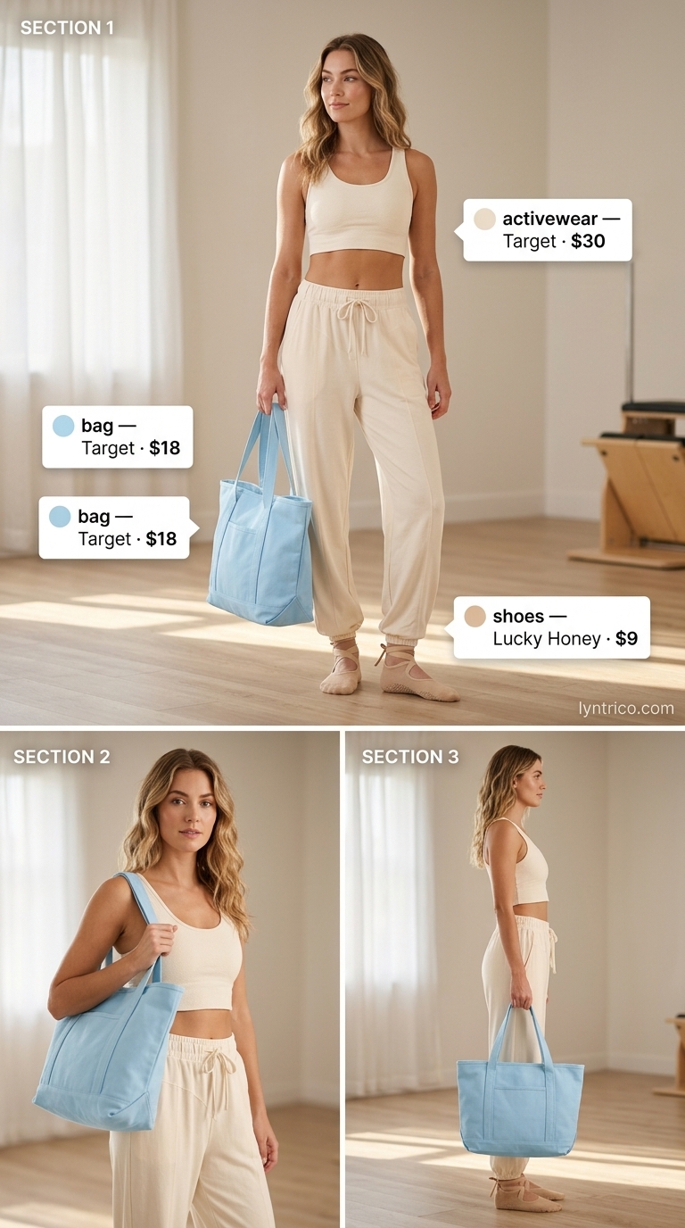 Cream joggers & light blue tote for weekend pilates, part of summer yoga activewear 2026.